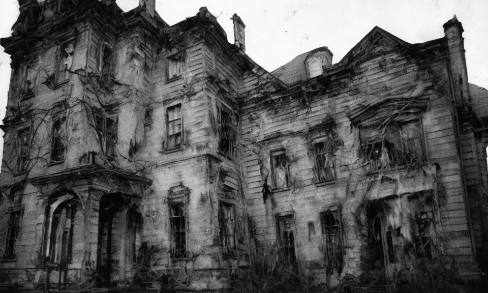 Prompt: 35mm film still, Resident evil mansion, zombie, spooky, horror, old, dirty, reversal film stock