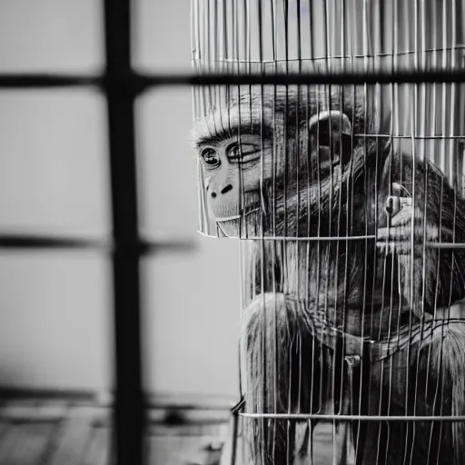 Image similar to bald white man wearing a monkey suit inside a cage. 5 0 mm f 5. 7