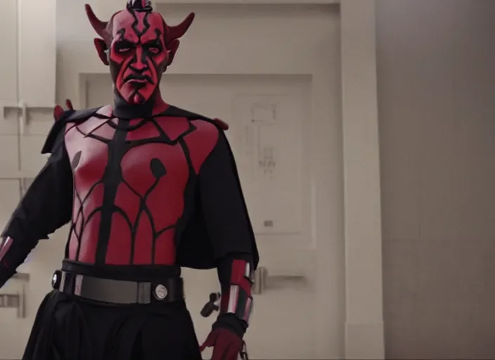 Image similar to film still of Darth Maul working as a high school teacher in the new Star Wars movie, 4k