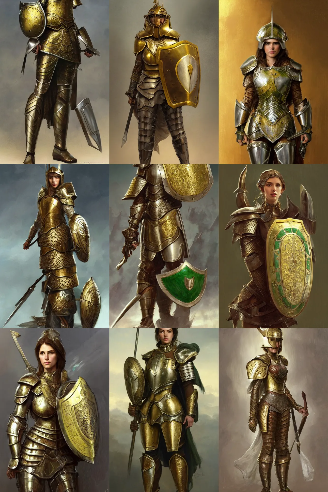 Prompt: full body portrait of a female italian warrior medium length brown hair and a very highly detailed face wearing elegant golden plate mail armor with green and white painted accents, holding a rectangular tower shield, very highly detailed, artstation, cgsociety, realistic character concept art, sharp focus, by greg rutkowski, artgerm, and alphonse mucha