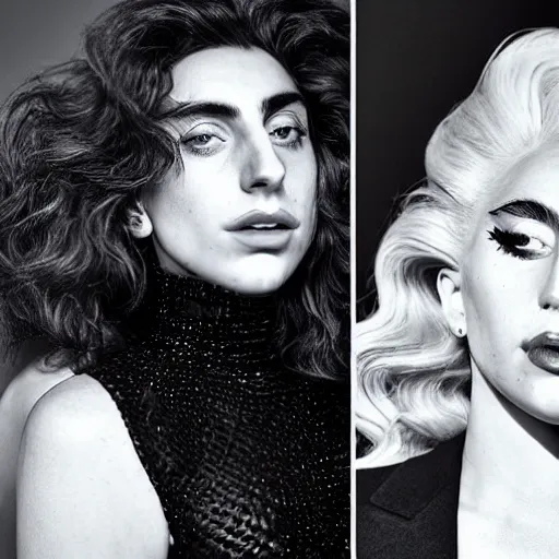 Image similar to timothee chalamet and lady gaga meet eachother photographed by pascal rostain, highly beautiful faces, highly detailed