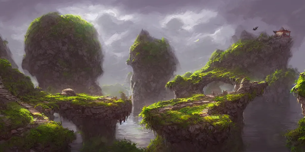 Prompt: peaceful village built on floating rocks among the clouds, d & d, rope bridges, birds in background, high fantasy, detailed, digital painting, realistic, landscape by jonathan berube