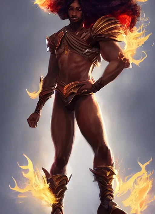 Prompt: a highly detailed illustration of attractive young black guy with tall hair with flaming feet, heroic kicking pose, intricate, elegant, highly detailed, centered, digital painting, artstation, concept art, smooth, sharp focus, league of legends concept art, wlop