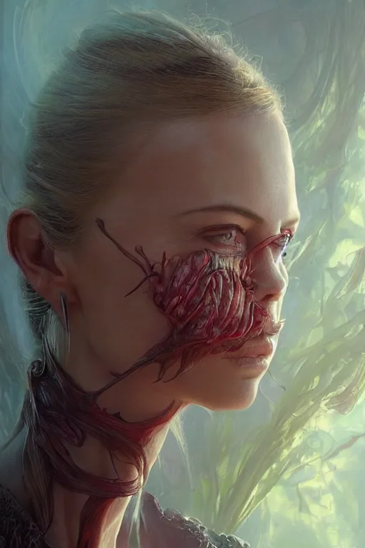 Prompt: Venus flytrap with face of Charlize Theron, intricate, highly detailed, smooth, artstation, digital illustration by Ruan Jia and Mandy Jurgens and Artgerm and Wayne Barlowe and Greg Rutkowski and Zdislav Beksinski