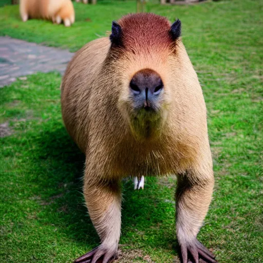 Image similar to a high quality photo of an antropomorphic capybara wearing a suit, 8k, digital art