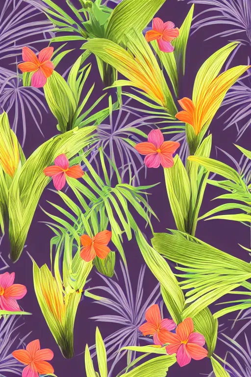 Prompt: muted sonbre detailed vector illustration of photorealistic tropical flowers and green reeds, multiple cohesive colors ranging from warms purples to bright oranges on a ((very dark black background)), 4K resolution, trending on artstation, hd wallpaper