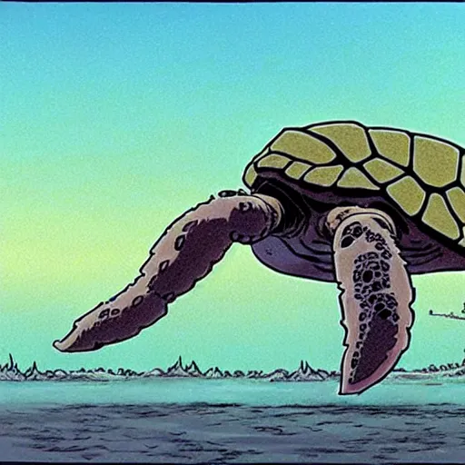 Image similar to a still from princess mononoke ( 1 9 9 7 ) film of a lovecraftian giant mechanized sea turtle, daytime on a baseball field. full body, wide shot, very muted colors, post grunge, studio ghibli, laurie greasley, highly detailed, deviantart, art by artgem