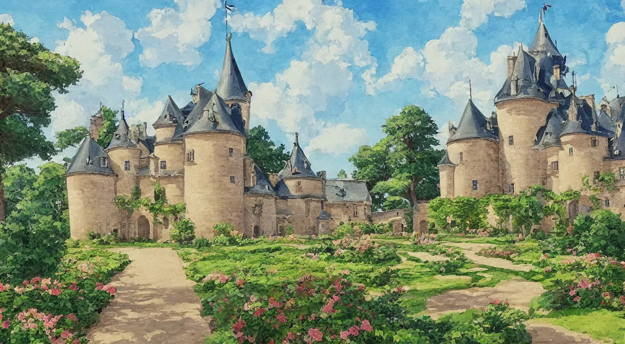 Image similar to a landscape painting of a French castle, with a garden, in the style of anime