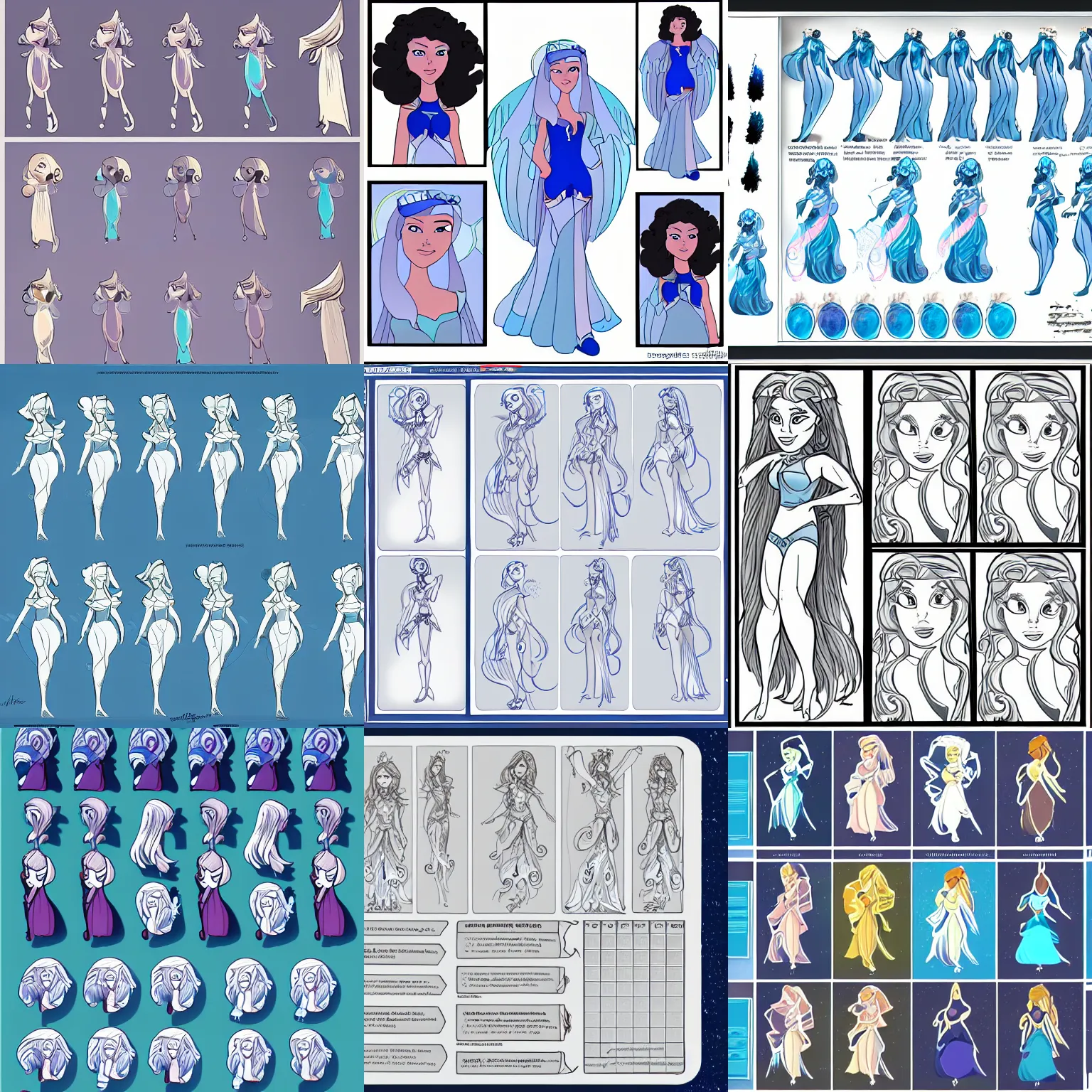 Prompt: animation studio production character sheet for a blue celestial goddess