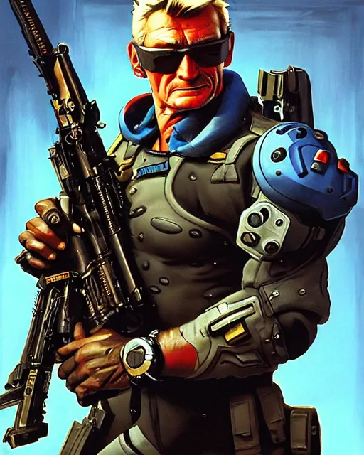 Image similar to soldier 7 6 from overwatch, heavey metal magazine cover, character portrait, portrait, close up, concept art, intricate details, highly detailed, in the style of frank frazetta, esteban maroto, richard corben, pepe moreno, matt howarth, stefano tamburini, tanino liberatore, luis royo and alex ebel