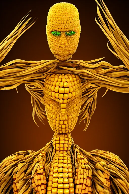 Prompt: a humanoid figure made of corn, highly detailed, digital art, sharp focus, trending on art station, amber eyes, anime art style