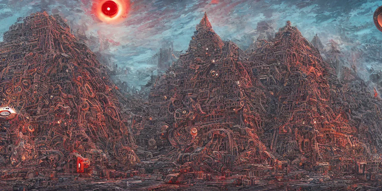 Image similar to hyper detailed comic illustration of a lone giant fleshy bio-mechanical machine pyramid with one eyeball at the top, overlooking a dystopian wasteland, bright colors with red hues, lovecraftian