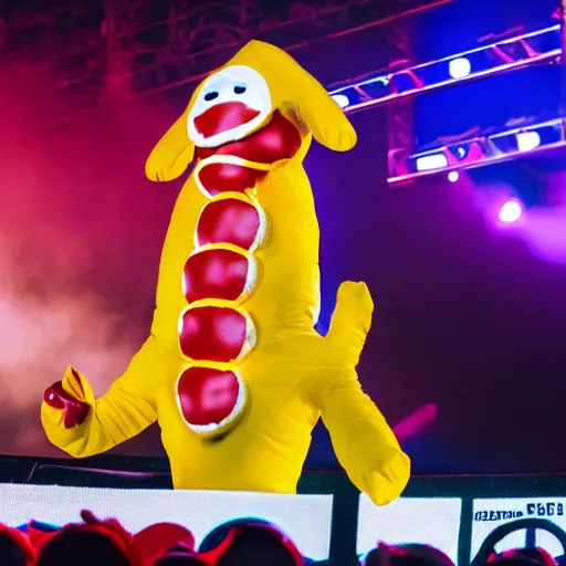 Image similar to Professional photograph of Flume wearing a hotdog costume on stage at EDC