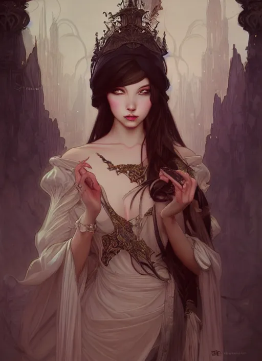 Prompt: girl venizian era, dark fantasy, extremely detailed, sharp focus, portrait, smooth, digital illustration, by rossdraws, mucha, frank franzzeta, sakimichan