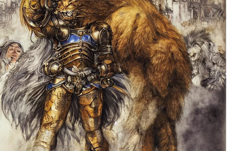 Image similar to 8k Yoshitaka Amano painting of upper body of a young cool looking lion beast-man at a medieval market at windy day. White mane, Depth of field. He is wearing complex fantasy armors. He has huge paws. Renaissance style lighting.