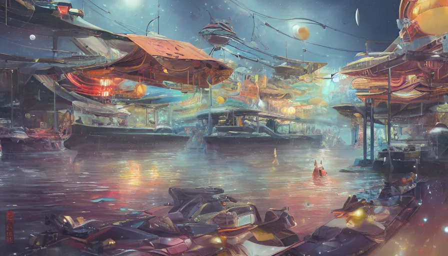 Prompt: floating wet japanese market with vendors on a luxurious road on interstellar solar system with nearby planets seen from the distance, advanced highway, star trek style, by peter mohrbacher, jeremy mann, francoise nielly, android james, ross tran, beautiful, award winning scenery, 8 k quality, clean details, serene, sakura season