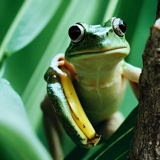 Prompt: A closeup film photography of a frog eating banana, photo by Louise Dahl-Wolfe, award winning, 4K