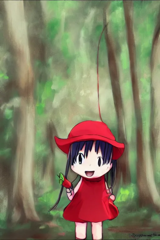 Prompt: concept art of a little girl in the red hat,forest, happy in anime style