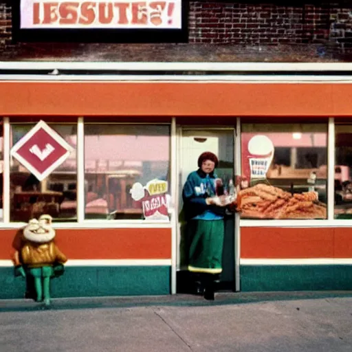 Image similar to The mascot for a once-popular fast food chain, 1970, colour photography