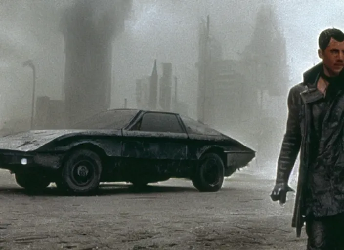 Prompt: scene with the main character standing next to a vehicle from the 1912 science fiction film Blade Runner