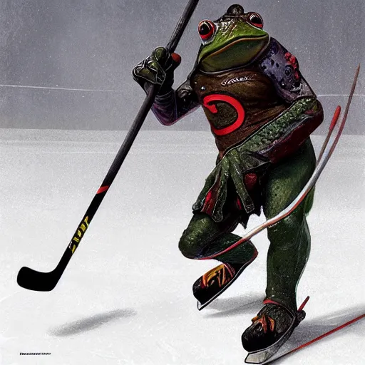 Image similar to frog wearing hockey uniform, intricate, sharp focus, illustration, highly detailed, digital painting, concept art, matte, art by ruan jia and wlop and greg rutkowski, masterpiece