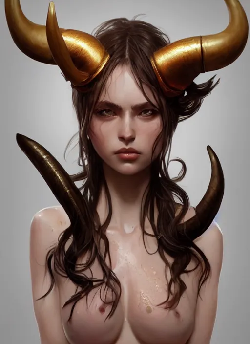 Prompt: horns demon, elegant, hyper realistic, extremely detailed, dnd setting!, shiny wet skin!!, raytracing, art by artgerm, greg rutkowski and alphonse mucha, artstation, octane render,