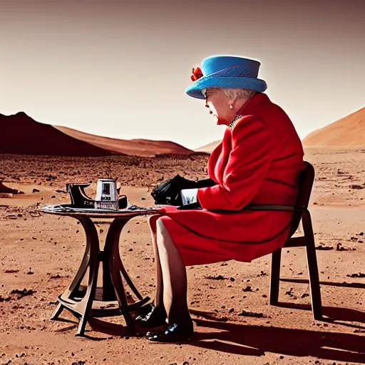 Image similar to thomas pesquet having tea with the queen of england on mars, award winning photography, trending on 5 0 0 px