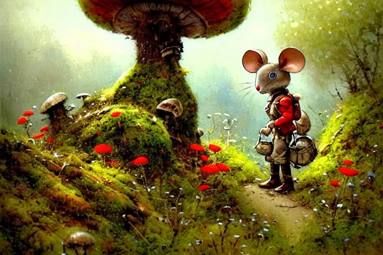 Image similar to adventurer ( ( ( ( ( 1 9 5 0 s retro future robot android mouse in forrest of giant mushrooms, moss and flowers stone bridge. muted colors. ) ) ) ) ) by jean baptiste monge!!!!!!!!!!!!!!!!!!!!!!!!! chrome red