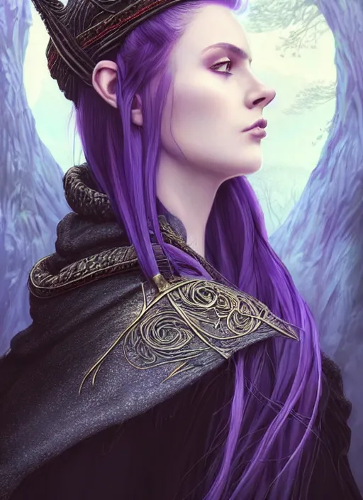 Image similar to side portrait beautiful german woman, adventurer outfit large cloak, fantasy forest landscape, dragon scales, fantasy magic, undercut hairstyle, short purple black fade hair, dark light night, intricate, elegant, sharp focus, illustration, highly detailed, digital painting, concept art, matte, art by wlop and artgerm and ivan shishkin and andrey shishkin, masterpiece