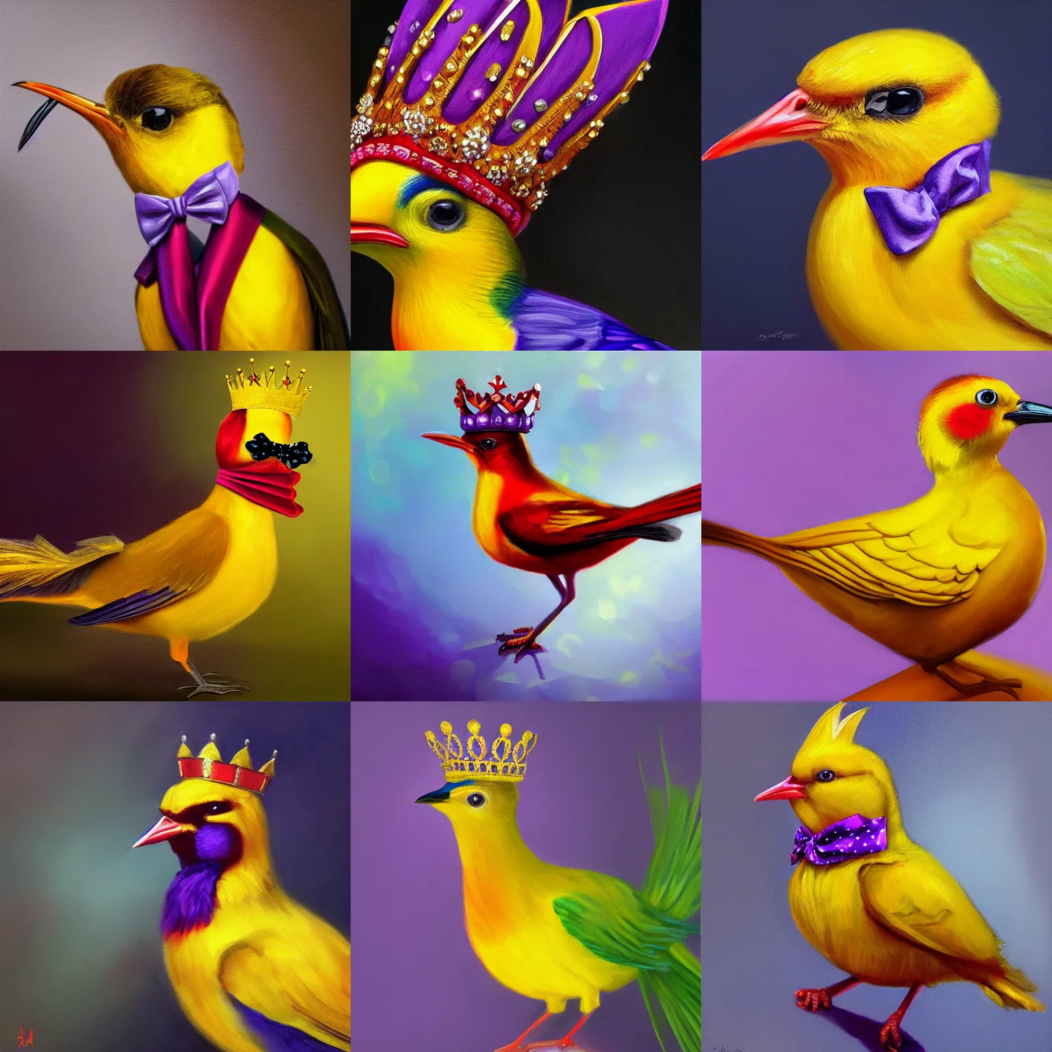 Prompt: a royal yellow bird wearing a crown and a red bow tie, purple background, realistic oil painting, very very beautiful artstation, detailed, 4k, high quality
