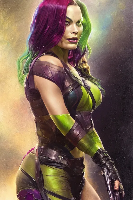 Image similar to margot robbie as gamora, detailed, 8 k, trending on artstation, smooth, sharp focus artwork by mark arian, artgerm, mark keathley, greg rutkowski and alphonse mucha