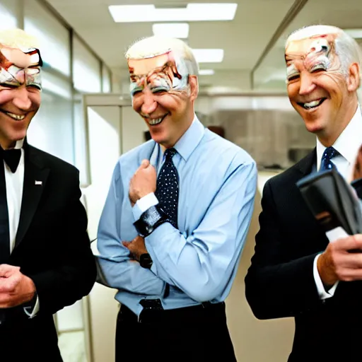 Image similar to stock photo of kim kardashian, joe biden, and bill gates wearing suits and ties laughing in an office building, 8k resolution, full HD, cinematic lighting, award winning, anatomically correct