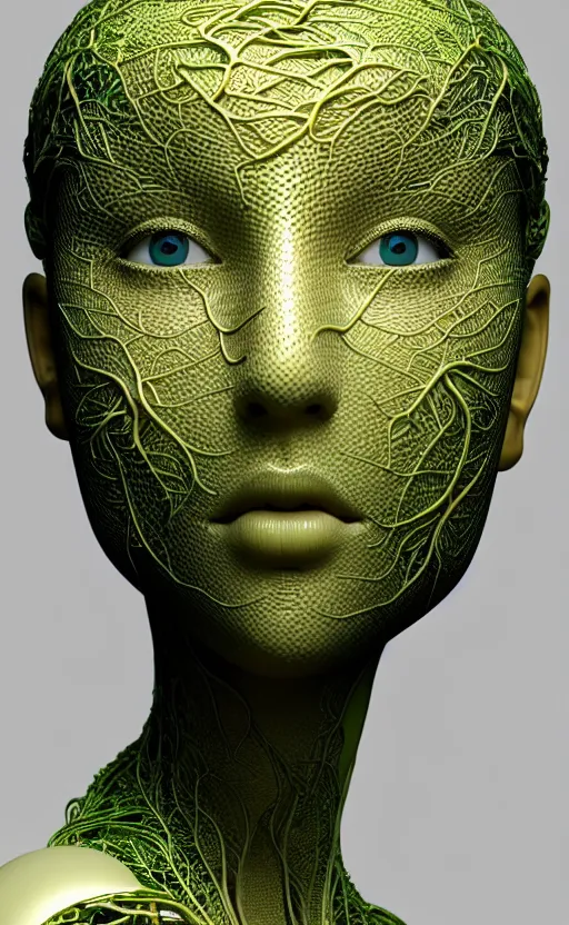 Image similar to ultra detailed complex 3d render of a beautiful porcelain profile woman face, hazel eyes, vegetal dragon cyborg, 150 mm, beautiful natural soft light, rim light, silver gold metallic details, magnolia soft lime green big leaves and stems, moss, roots, fine lace, maze like, mandelbot fractal, anatomical, facial muscles, cable wires, microchip, elegant, white metallic armour, octane render, black and white, H.R. Giger style