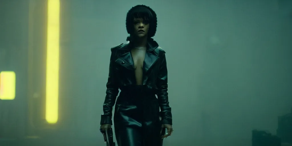 Prompt: film still of rihanna in blade runner 2 0 4 9, wearing clothes, cinematic, moody, gritty neon noir