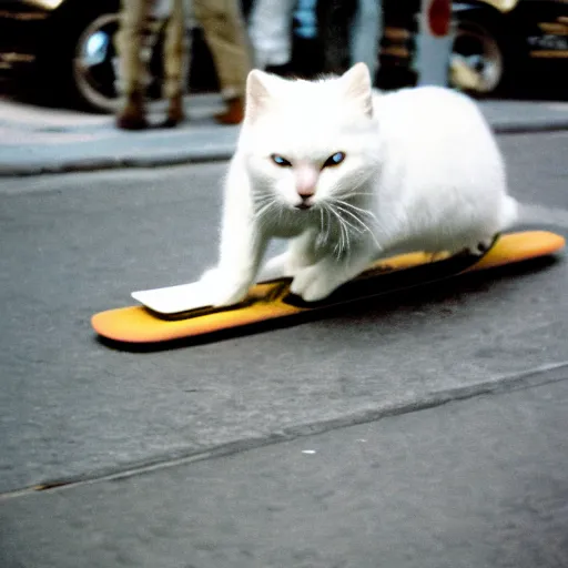 Image similar to leica s photograph, kodachrome film, subject is a white furry cat riding on a skateboard that is rolling down broadway in nyc