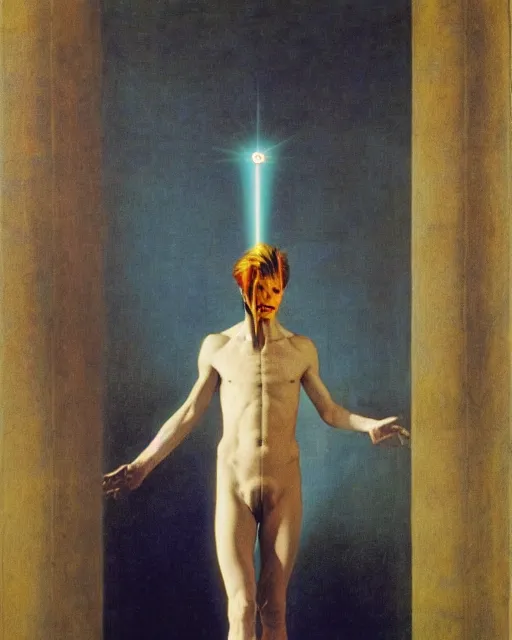 Image similar to david bowie as a ziggy stardust levitating and surrounded by transcendental light by jean auguste dominique ingres, luminous orbs, labyrinthine, sacred, mystical