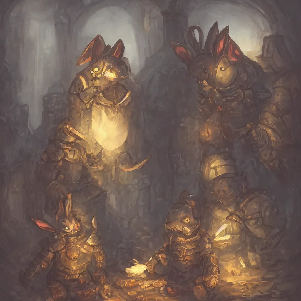 Image similar to Rabbit in Armor sitting in a dungeon, digital painting, hearthstone art