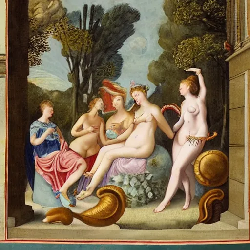 Image similar to The painting shows Venus seated on a crescent moon. She is surrounded by the goddesses Ceres and Bacchus, who are both holding cornucopias. by Maria Sibylla Merian lively