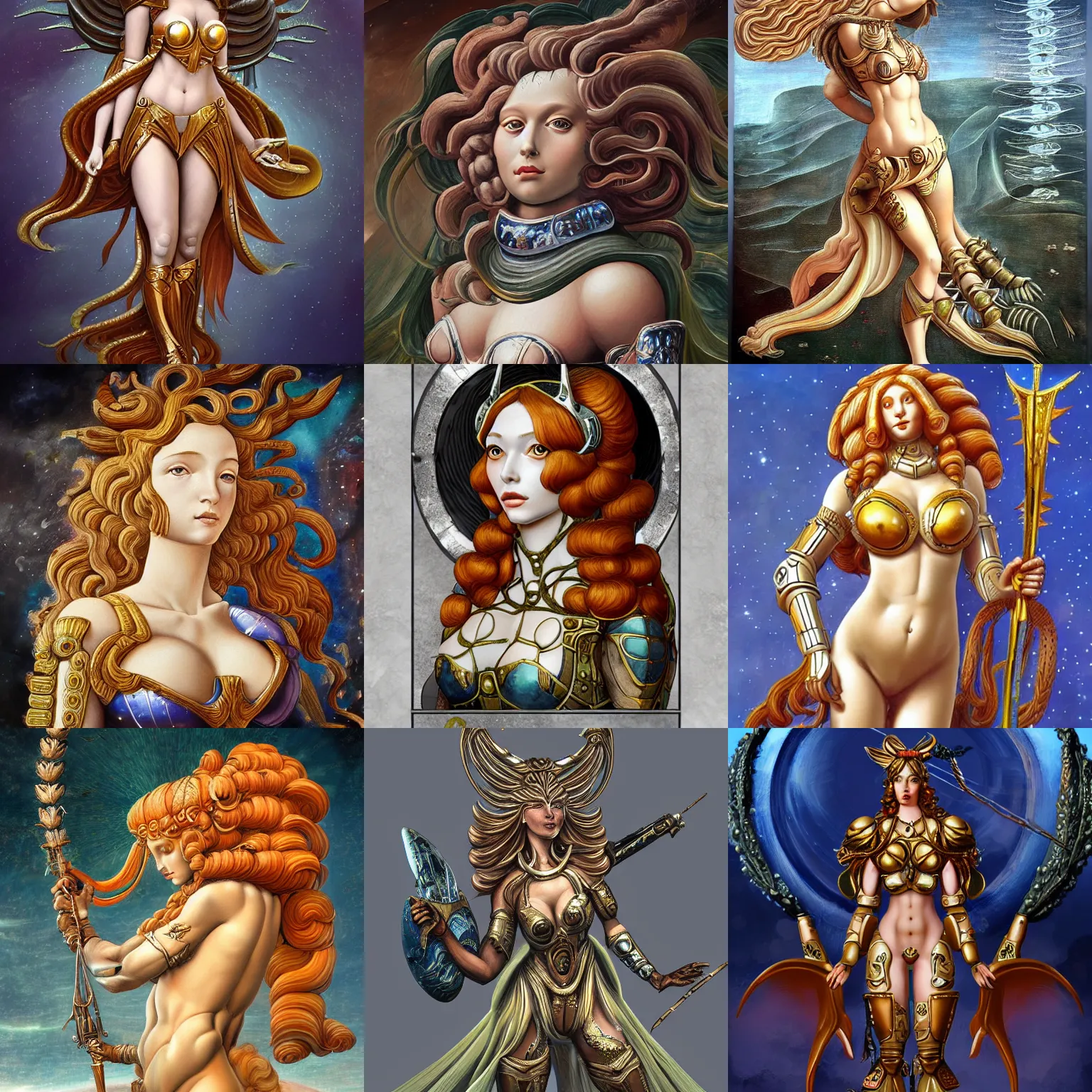 Image similar to venus goddess in ancient alien planet sci-fi armor, in the style of sandro botticelli, stylized, highly detailed, trending on artstation, award winning, painted warhammer miniature