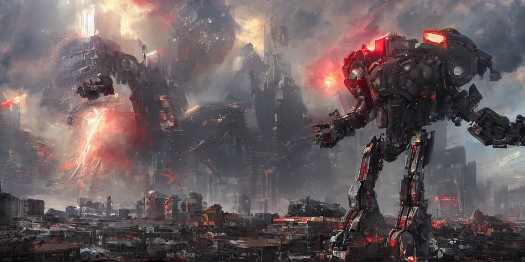 Image similar to Giant robot destroys distant future megacity, buildings collapsing with debris flung forward, metallic robot with red eyes, detailed oil painting, hyperrealistic, PBR, volumetric lighting