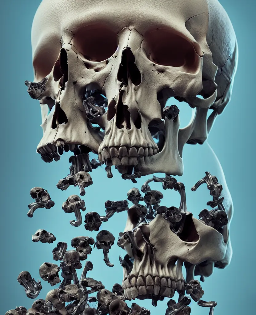 Image similar to composition of human skulls, animals skulls, bones, rib-cage and orchids, bioluminiscent, by Tooth Wu and wlop and beeple. octane render, trending on artstation, greg rutkowski very coherent symmetrical artwork. cinematic, hyper realism, high detail, octane render, 8k