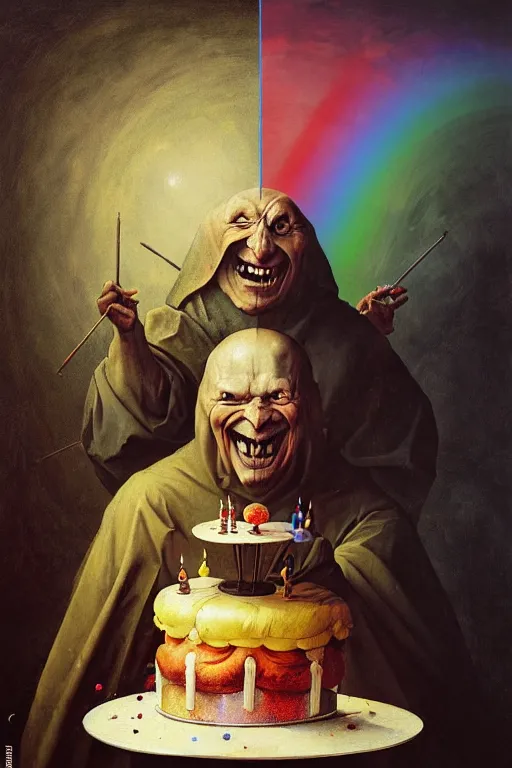 Image similar to hieronymus bosch, greg rutkowski, anna podedworna, painting of a happy rainbow jester with a birthday cake, smiling, uplifting