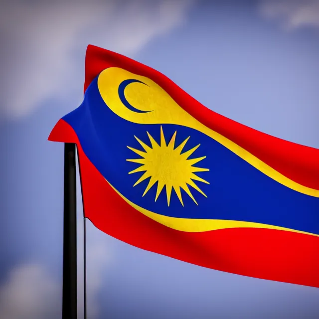 Prompt: photo of a malaysian flag raised on a flag pole on the malaysian national day, highly detailed, 8 k, hdr smooth, sharp focus, high resolution, award - winning photo, dslr, 5 0 mm