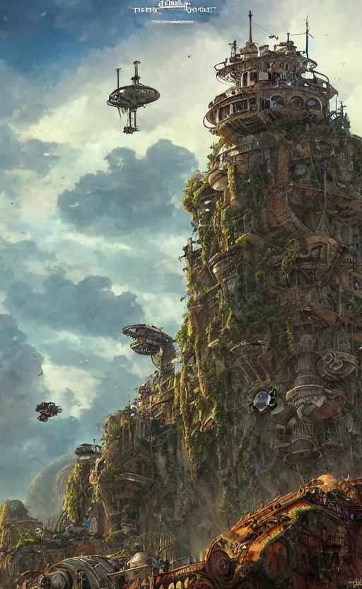 Prompt: steampunk city on a cliff, airships, dense foliage scifi movie poster art by kim jung giu and weta studio, and lucasfilm and jesper ejsing and norman rockwell greg rutkowski frank frazzeta