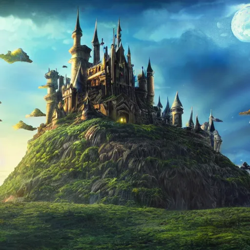 Prompt: large fantasy castle sitting on the top of a giant tortoise, towering over a harsh wasteland with sharp rays of sunlight, howls moving castle, mortal engines, kaiju, distant - mid - shot, fantasy, hyper detailed, 4 k