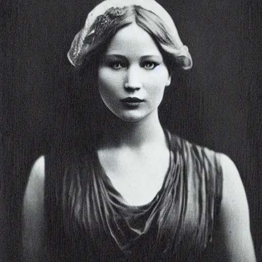 Image similar to victorian photograph of grace jennifer lawrence, angelina jolie, 1 8 9 0 s photography, 1 9 0 0, realistic face, symmetrical face, studio photograph, grainy, edwardian, old photo