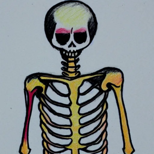 Prompt: funny skeleton, kid's drawing, colour pencil drawing