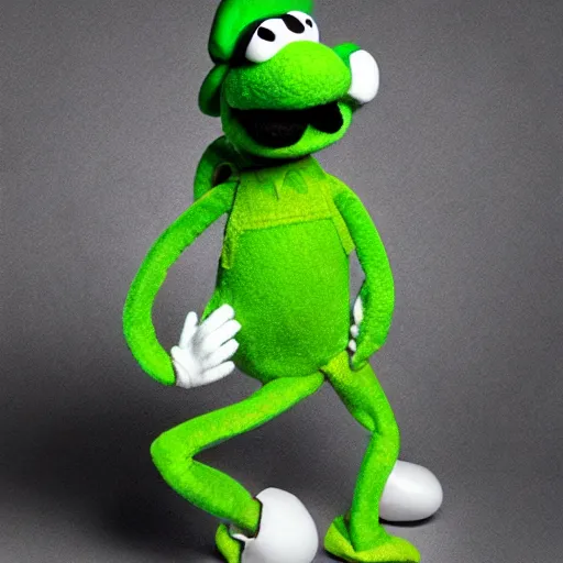 Image similar to A full body still of Luigi as a muppet, photo real, photographic, photograph, artstation, trending, award winning, epic lighting, featured