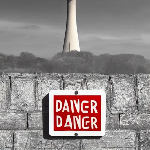 Prompt: photo of small sign showing a danger symbol, in the background there is a nuclear tower with lots of steam, pictorialism style