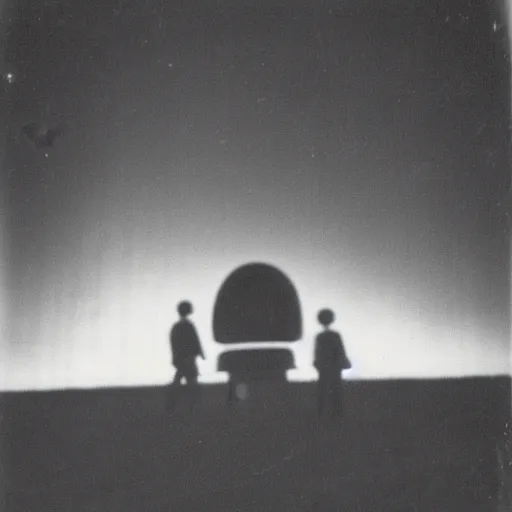 Image similar to polaroid photograph of ufo taken, two dark, silhoutted aliens are in front of it, hanebau, 1 9 5 0 s, black and white, blurry